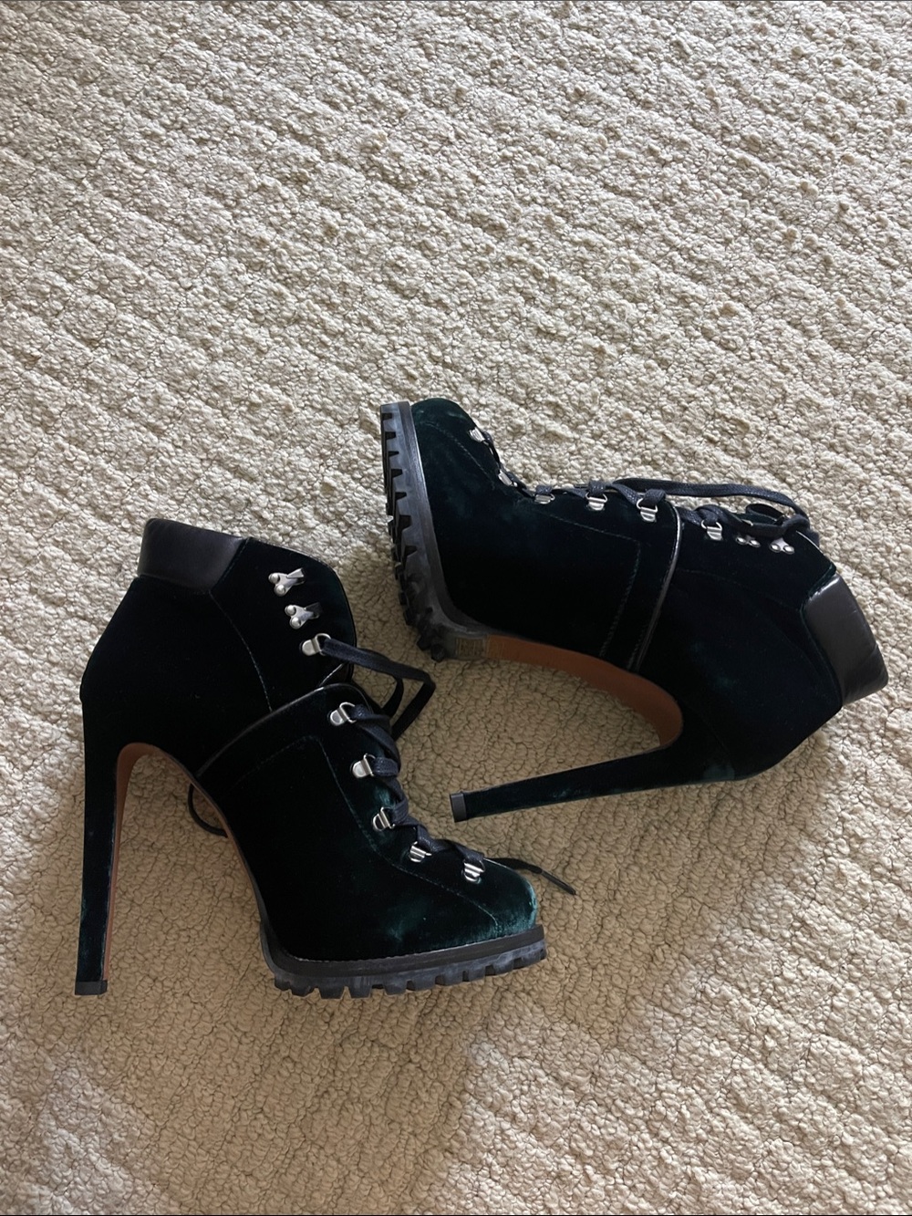 Alaia Emerald Velvet Lace-Up Stiletto Booties